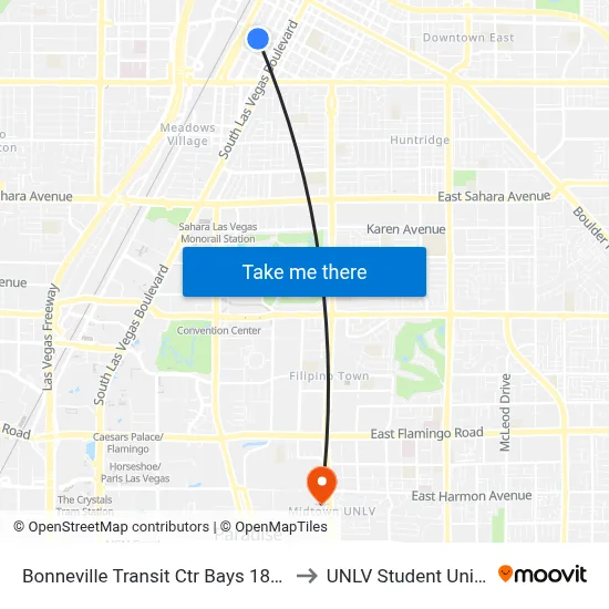 Bonneville Transit Ctr Bays 18-19 to UNLV Student Union map
