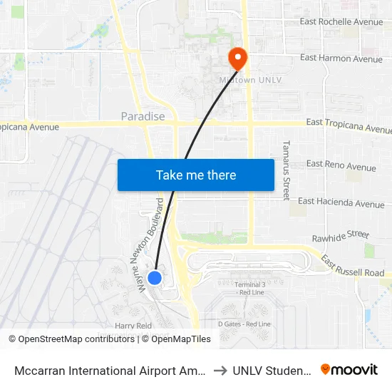 Mccarran International Airport Amtrak Bus Stop to UNLV Student Union map