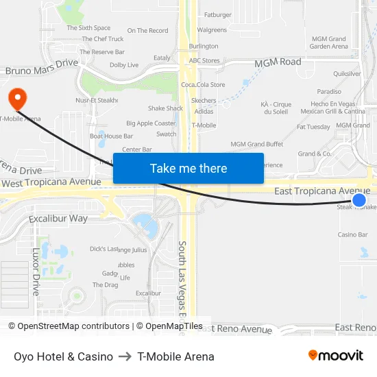 Oyo Hotel & Casino to T-Mobile Arena map