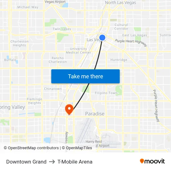 Downtown Grand to T-Mobile Arena map