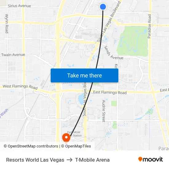 Resorts World Las Vegas to T-Mobile Arena map