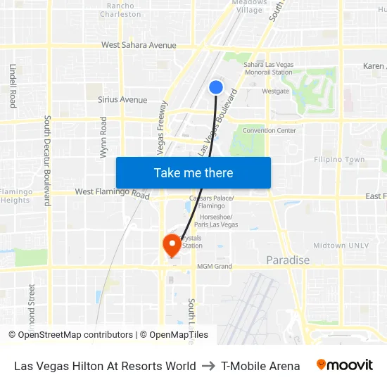 Las Vegas Hilton At Resorts World to T-Mobile Arena map