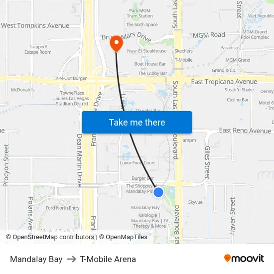 Mandalay Bay to T-Mobile Arena map