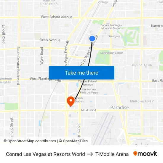 Conrad Las Vegas at Resorts World to T-Mobile Arena map