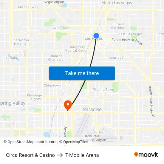 Circa Resort & Casino to T-Mobile Arena map