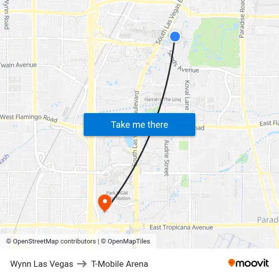Wynn Las Vegas to T-Mobile Arena map
