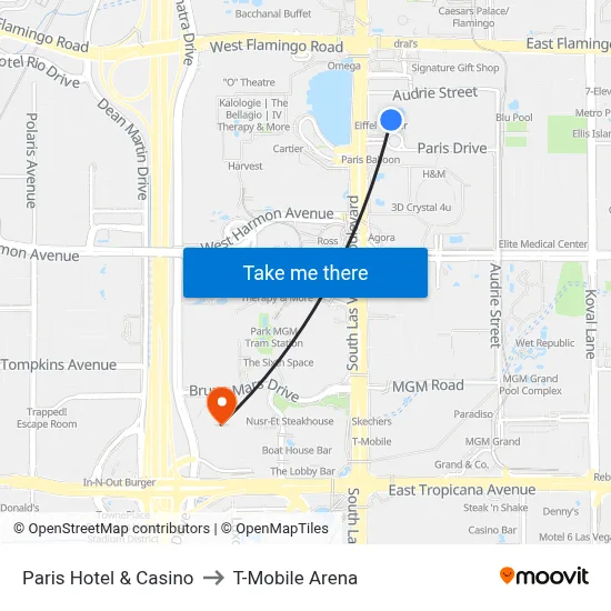 Paris Hotel & Casino to T-Mobile Arena map