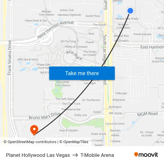 Planet Hollywood Las Vegas to T-Mobile Arena map