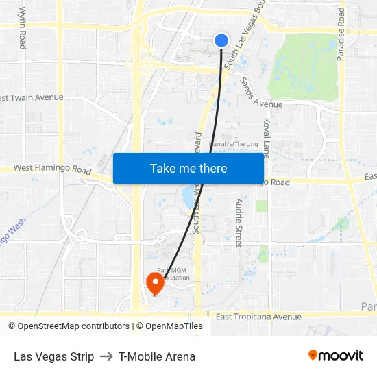 Las Vegas Strip to T-Mobile Arena map