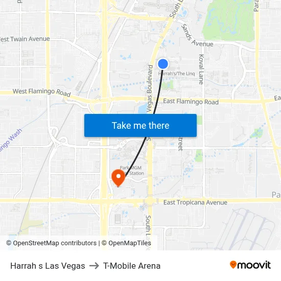 Harrah s Las Vegas to T-Mobile Arena map