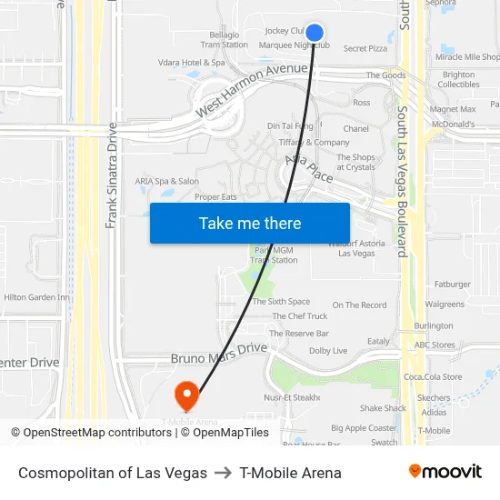 Cosmopolitan of Las Vegas to T-Mobile Arena map