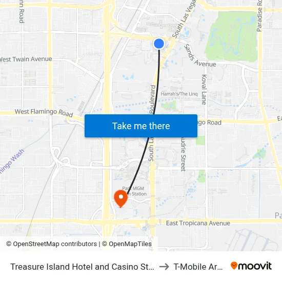 Treasure Island Hotel and Casino Station to T-Mobile Arena map