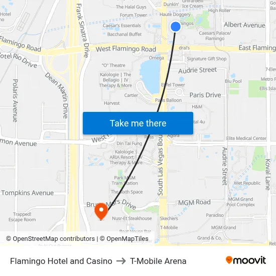 Flamingo Hotel and Casino to T-Mobile Arena map