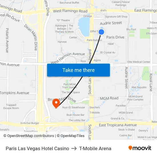 Paris Las Vegas Hotel Casino to T-Mobile Arena map