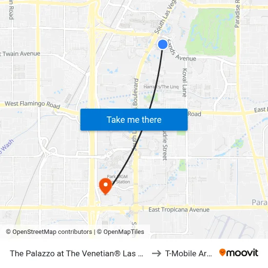 The Palazzo at The Venetian® Las Vegas to T-Mobile Arena map
