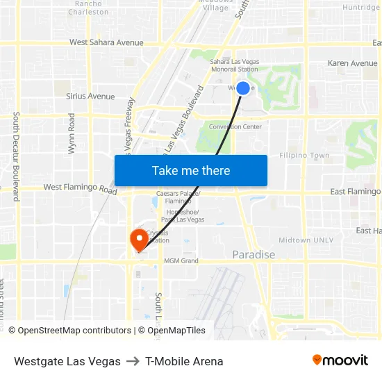 Westgate Las Vegas to T-Mobile Arena map