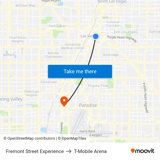 Fremont Street Experience to T-Mobile Arena map