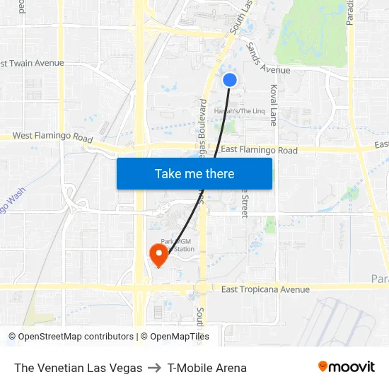 The Venetian Las Vegas to T-Mobile Arena map