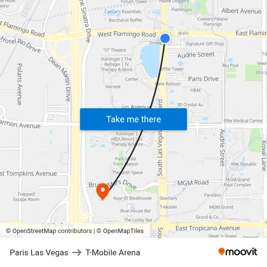 Paris Las Vegas to T-Mobile Arena map
