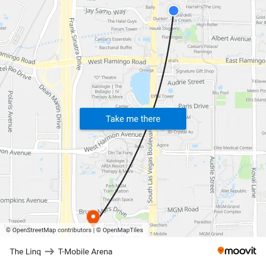 The Linq Hotel & Casino to T-Mobile Arena map