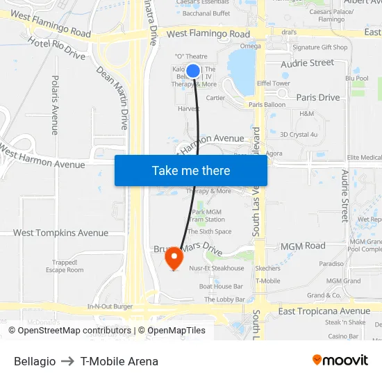 Bellagio to T-Mobile Arena map