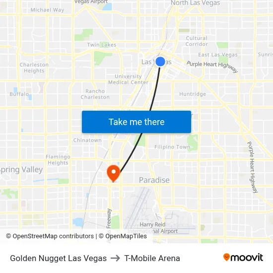 Golden Nugget Las Vegas to T-Mobile Arena map