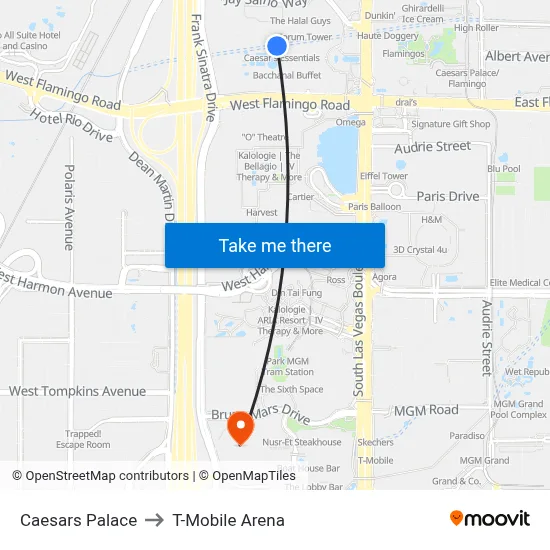Caesars Palace to T-Mobile Arena map
