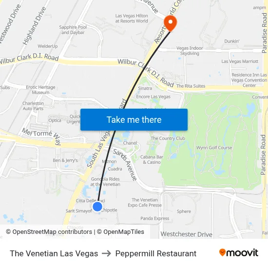 The Venetian Las Vegas to Peppermill Restaurant map