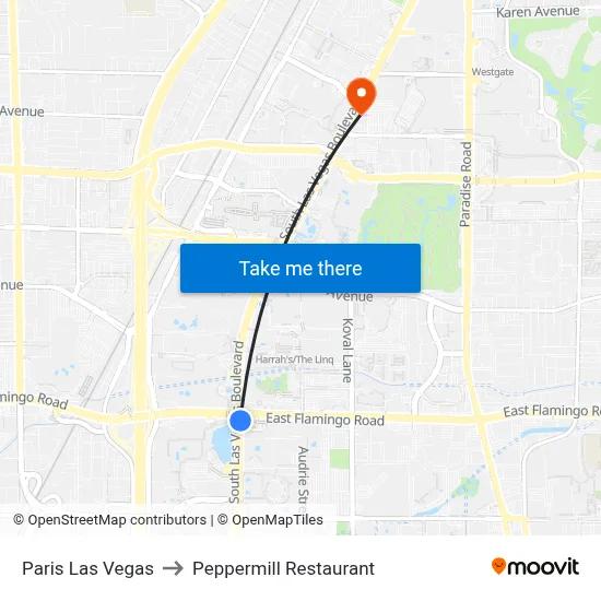Paris Las Vegas to Peppermill Restaurant map