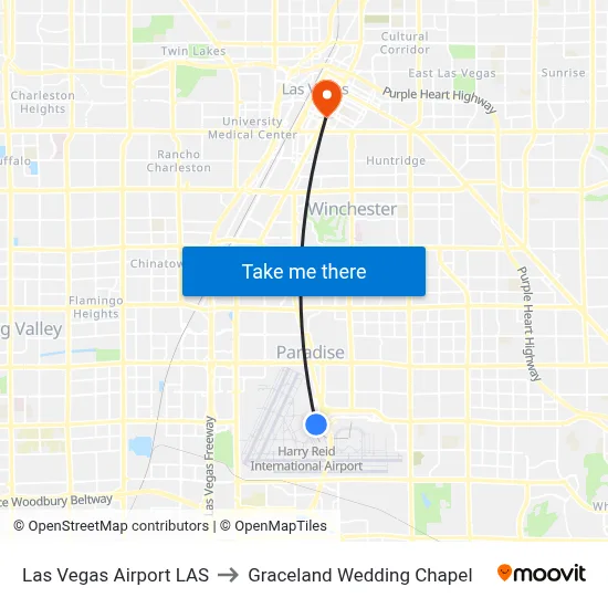 Las Vegas Airport LAS to Graceland Wedding Chapel map