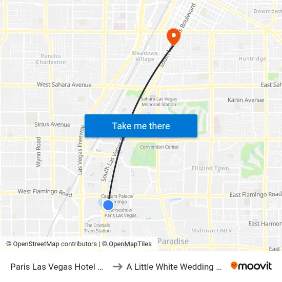 Paris Las Vegas Hotel Casino to A Little White Wedding Chapel map