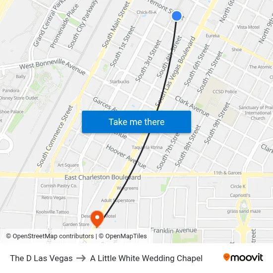 The D Las Vegas to A Little White Wedding Chapel map