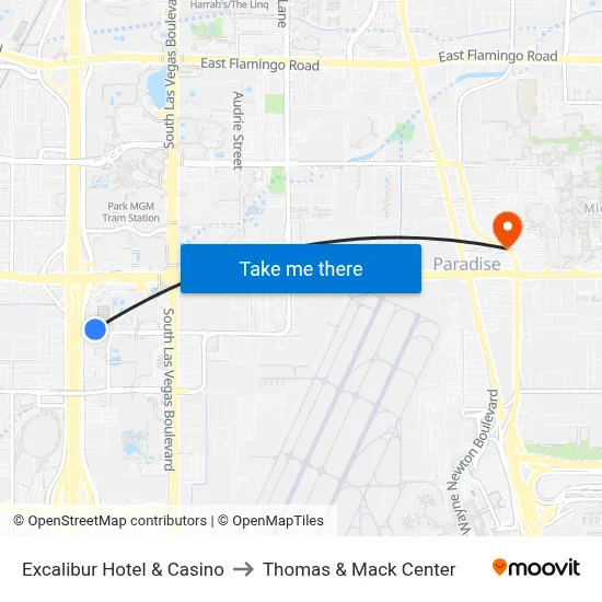 Excalibur Hotel & Casino to Thomas & Mack Center map