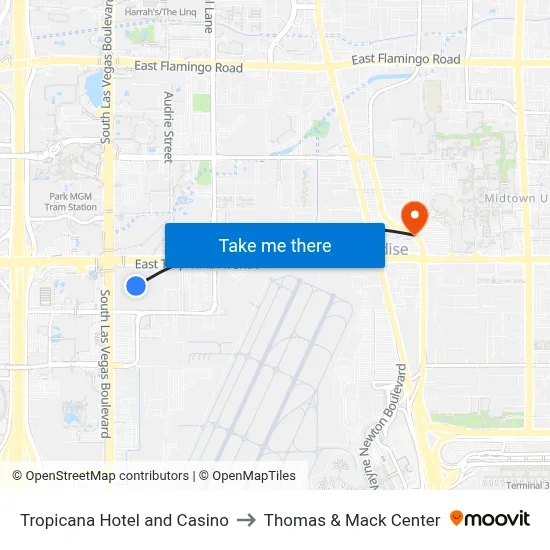Tropicana Hotel and Casino to Thomas & Mack Center map
