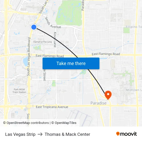 Las Vegas Strip to Thomas & Mack Center map