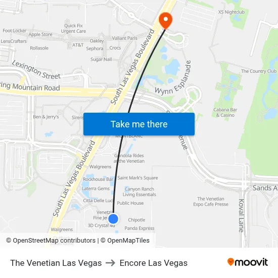 The Venetian Las Vegas to Encore Las Vegas map