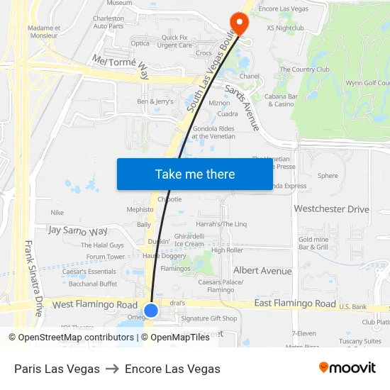 Paris Las Vegas to Encore Las Vegas map