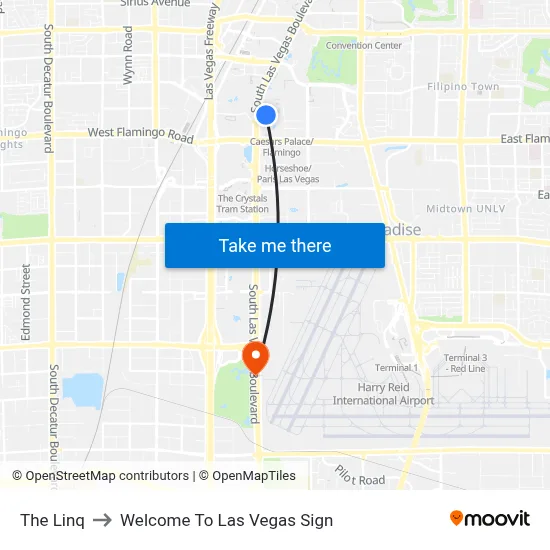 The Linq Hotel & Casino to Welcome To Las Vegas Sign map