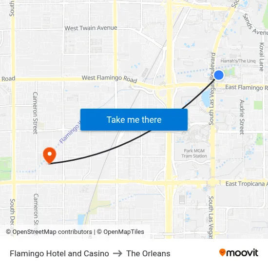 Flamingo Hotel and Casino to The Orleans map