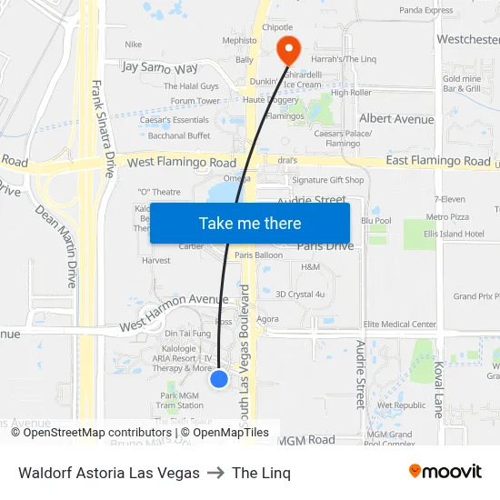 Waldorf Astoria Las Vegas to The Linq map