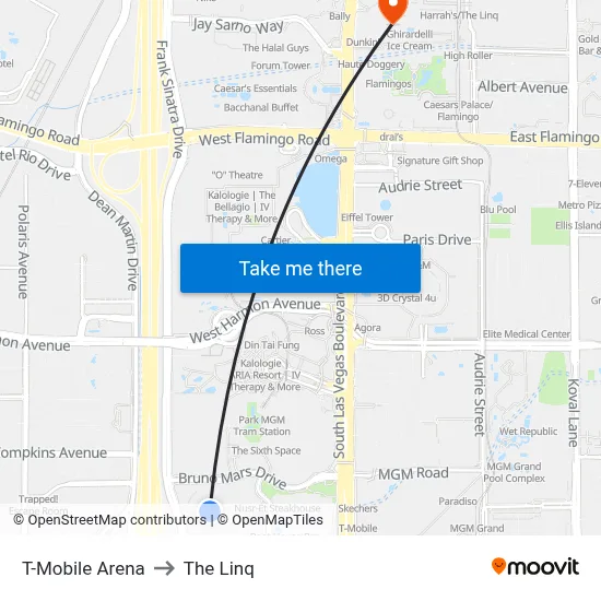 T-Mobile Arena to The Linq map