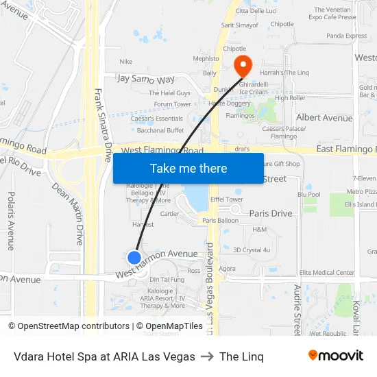Vdara Hotel Spa at ARIA Las Vegas to The Linq map