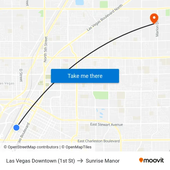 Las Vegas Downtown (1st St) to Sunrise Manor map