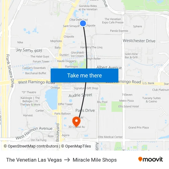 The Venetian Las Vegas to Miracle Mile Shops map