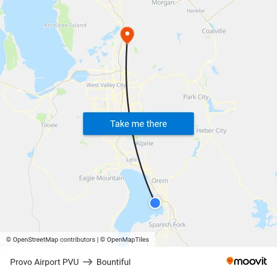 Provo Airport PVU to Bountiful map
