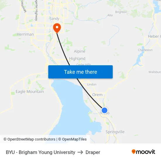 BYU - Brigham Young University to Draper map