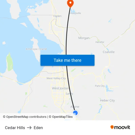 Cedar Hills to Eden map