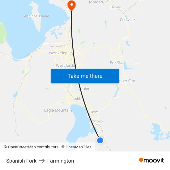 Spanish Fork to Farmington map
