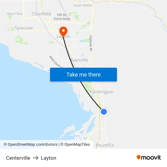Centerville to Layton map