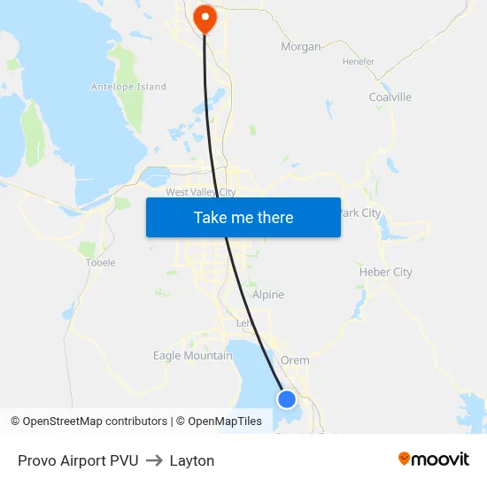 Provo Airport PVU to Layton map